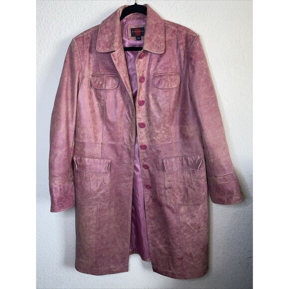 GALLERY Pink Leather Trench Coat Jacket Distress Barbie grunge rock VTG women L - Picture 1 of 16